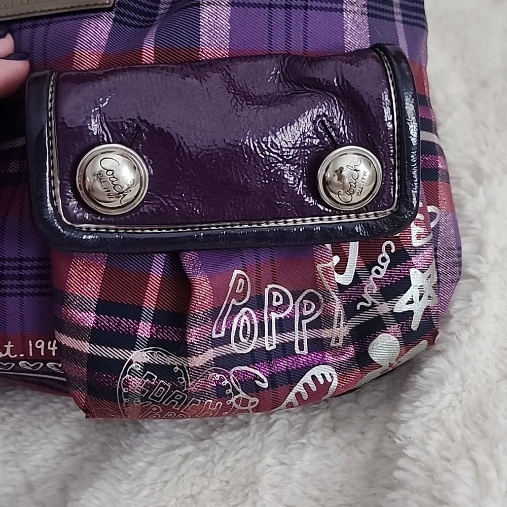 Coach Poppy Purple Tartan Metallic Shoulder Bag Purse - Picture 6 of 16